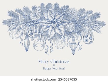 Toile Christmas Vintage illustration with poinsettia balls fir branches holly toys mistletoe pine. Blue beige Hand drawn Vector background for design holiday decor, decoration new year, greeting card