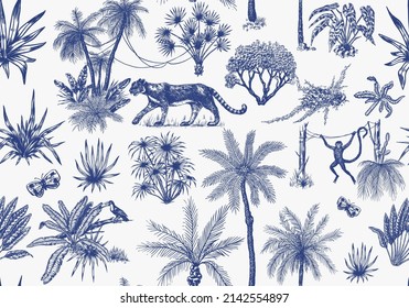 Toile De Jouy banner. Wild tiger and exotic plants. Seamless pattern. Toucan bird and monkey. Exotic Tropical trees. Eastern landscape. Linear Jungle. Hand drawn sketch in vintage style.