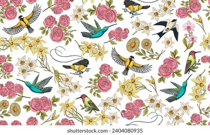 Toile De Jouy banner. Wild bird and exotic plants. Seamless pattern. Eastern landscape. Linear Flowers and roses. Hand drawn sketch in vintage style.