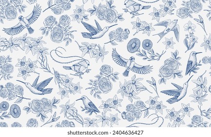 Toile De Jouy banner. Wild bird and exotic plants. Seamless pattern. Eastern landscape. Linear Flowers and roses. Hand drawn sketch in vintage style.