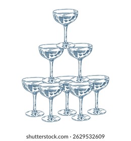 Toile de Jouy champagne tower illustration. Wedding hand dawn ceremony icon. Elegant line art minimalist venue sketch. Elements for wedding, monogram, invitation, greeting, birthday card