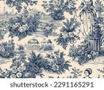 Toile de jouy classic french seamless pattern of victorian lady in a flower garden