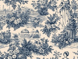 Toile De Jouy Classic French Seamless Pattern Of Victorian Lady In A Flower Garden