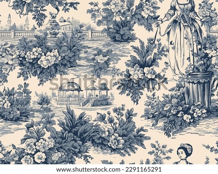 Toile de jouy classic french seamless pattern of victorian lady in a flower garden Stock foto © 