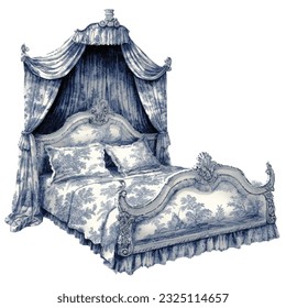 toile de jouy classic vintage princess bed illustration