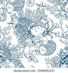 Toile de jouy crab and seahorse pattern. Colorful seamless ocean pattern. Perfect for greetings, invitations, manufacture wrapping paper, textile and web design. Vector sea pattern.