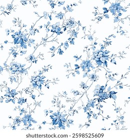 Toile de jouy Floral Blue Ornament Chinoiseries Print Design Seamless Pattern 30. Vintage, Victorian Baroque Art. Sophisticated Subtle classic Damask style. Fabric, wallpaper, stationery. Cottegecore