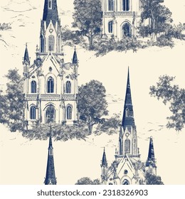 Toile de jouy estilo de ilustración francesa de una iglesia clásica, patrón sin fisuras