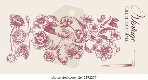 Toile de Jouy.Set of graceful linear elements (botanical,fantasy)stylized under the era of rococo and neoclassicism.Vector illustrations on a color background with text.