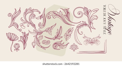 Toile de Jouy.Set of graceful linear elements (botanical,fantasy)stylized under the era of rococo and neoclassicism.Vector illustrations on a color background with text.