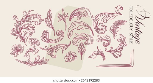 Toile de Jouy.Set of graceful linear elements (botanical,fantasy)stylized under the era of rococo and neoclassicism.Vector illustrations on a color background with text.