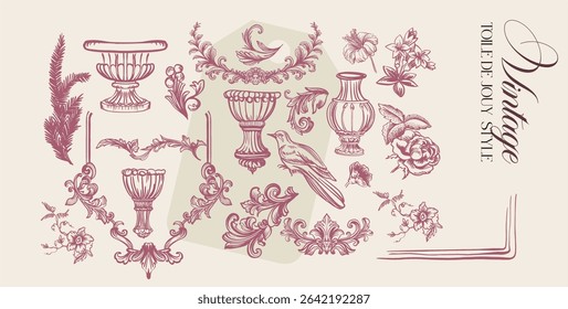 Toile de Jouy.Set of graceful linear elements (botanical,fantasy)stylized under the era of rococo and neoclassicism.Vector illustrations on a color background with text.