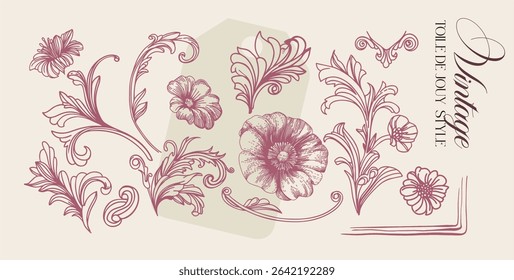 Toile de Jouy.Set of graceful linear elements (botanical,fantasy)stylized under the era of rococo and neoclassicism.Vector illustrations on a color background with text.