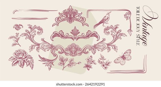 Toile de Jouy.Set of graceful linear elements (botanical,fantasy)stylized under the era of rococo and neoclassicism.Vector illustrations on a color background with text.