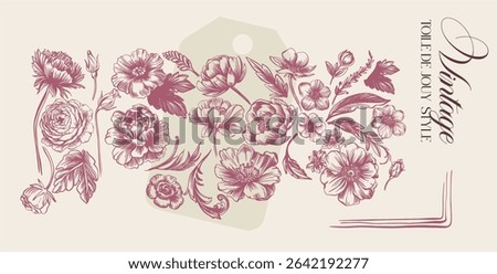 Toile de Jouy.Set of graceful linear elements (botanical,fantasy)stylized under the era of rococo and neoclassicism.Vector illustrations on a color background with text.