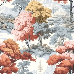 Toile De Jouy Illustration Of Colorful Tree Classic French
