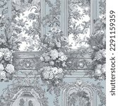 Toile de jouy illustration of flowers and arch in classic style and blue color