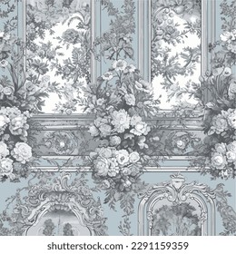 Toile de jouy illustration of flowers and arch in classic style and blue color