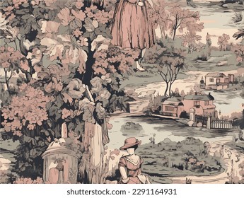 Toile de jouy illustration seamless pattern of classic victorian lady in pink