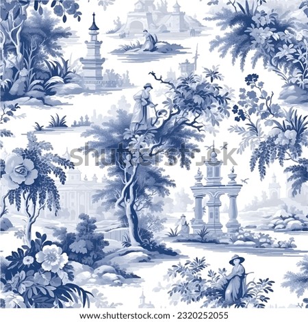 toile de jouy illustration of a small village surrounded by nature french pattern illustration Stock foto © 