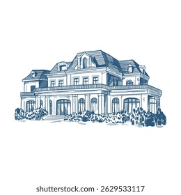Toile de Jouy inspirou a ilustração da mansão de casamento. Ícone de cerimônia do amanhecer da mão do casamento. Esboço de local minimalista de arte de linha elegante. Elementos para casamento, monograma, convite, saudação, cartão de aniversário.