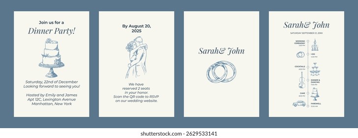 Toile de Jouy inspired wedding wedding invitation. Wedding hand dawn ceremony card. Elegant line art minimalist venue sketch. Elements for wedding, monogram, invitation, greeting, birthday card.