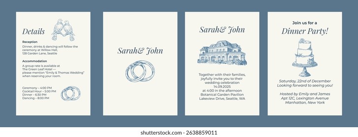 Toile de Jouy inspired wedding wedding invitation. Wedding hand dawn ceremony card. Elegant line art minimalist venue sketch. Elements for wedding, monogram, invitation, greeting, birthday card.