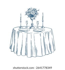 Toile de Jouy inspired wedding table illustration. Wedding hand dawn ceremony icon. Elegant line art minimalist venue sketch. Elements for wedding, monogram, invitation, greeting, birthday card.