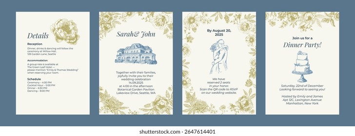 Toile de Jouy inspired wedding wedding invitation. Wedding hand dawn ceremony card. Elegant line art minimalist venue sketch. Elements for wedding, monogram, invitation, greeting, birthday card.