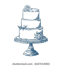 Toile de Jouy inspired wedding cake illustration. Wedding hand dawn ceremony icon. Elegant line art minimalist venue sketch. Elements for wedding, monogram, invitation, greeting, birthday card.