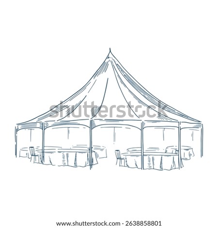 Toile de Jouy inspired wedding tent illustration. Wedding hand dawn ceremony icon. Elegant line art minimalist venue sketch. Elements for wedding, monogram, invitation, greeting, birthday card.