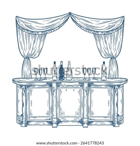 Toile de Jouy inspired wedding bar illustration. Wedding hand dawn ceremony icon. Elegant line art minimalist venue sketch. Elements for wedding, monogram, invitation, greeting, birthday card.