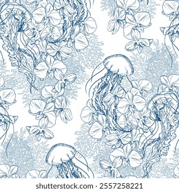 Toile de jouy jellyfish pattern. Colorful seamless jellyfish and orchids pattern. Perfect for greetings, invitations, manufacture wrapping paper, textile and web design. Vector ocean pattern.