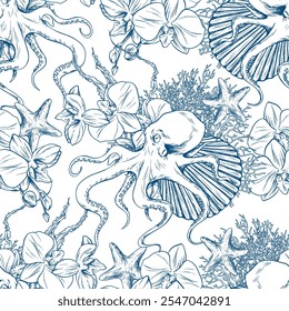 Toile de jouy patrón de pulpo. Modelo inconsútil azul del pulpo, de las orquídeas y de las conchas marinas. Perfecto para saludos, invitaciones, fabricación de papel de embalaje, textil y Diseño web. Patrón de océano de Vector.