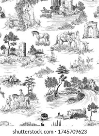 Toile de jouy pattern with countryside views with castles and houses and landscapes and walking people with animals-pets-horses, cats, dog in black and white color svg