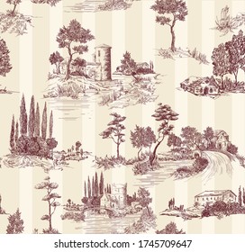 Toile de jouy pattern with countryside views with castles and houses and landscapes with trees, river and bridges with road in beige color with striped background