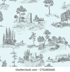 Patrón de tela de jouy con vistas al campo con castillos y casas y paisajes con árboles, ríos y puentes con carreteras de color azul y gris