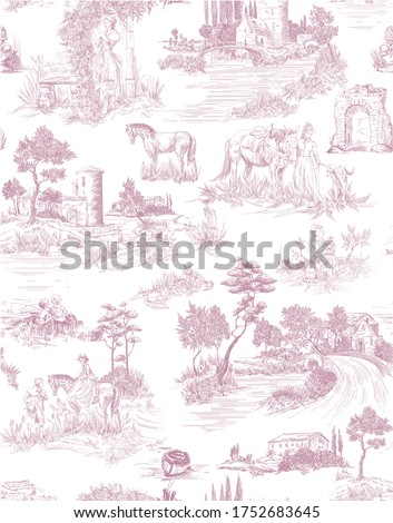 Toile de jouy pattern with countryside views with castles and houses and landscapes and walking people with animals-pets-horses, cats, dog in pink color