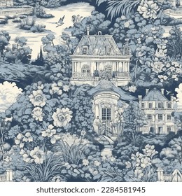 toile de jouy pattern illustration of manor with flowers