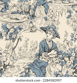 toile de jouy pattern illustration of lady in a tea garden party