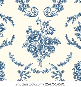 Padrão Toile de jouy. Vetor floral padrão antigo sem costura com rosas peônias grandes e folhas na cor azul.