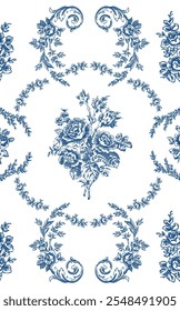 Toile de jouy pattern. Vector floral seamless pattern with roses in blue color.