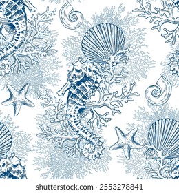 Toile de jouy seahorse pattern. Colorful seamless ocean pattern. Perfect for greetings, invitations, manufacture wrapping paper, textile and web design. Vector sea pattern.