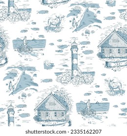 Toile de Jouy seamless pattern in blue colour. Small village by the sea compositions. House, lighthouse, man with bicycle, elk, dunes. For home textile, wallpaper, wrapping, packaging.