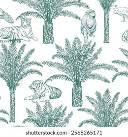 Toile de jouy seamless pattern with palms, tiger and peacock. Vector monochrome print in vintage luxury engraving style for textile and home decor and design.