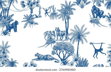Toile de Jouy seamless pattern with tigers and monkeys. plants palms in tropical forest. Exotic trees and bushes perfect for textile and wallpaper, hand drawn luxury drawing