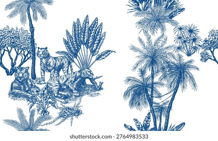 Toile de Jouy seamless pattern with tigers and monkeys. plants palms in tropical forest. Exotic trees and bushes perfect for textile and wallpaper, hand drawn luxury drawing