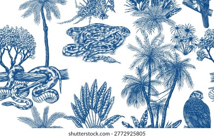 Toile de Jouy seamless pattern with python snake and boa constrictor and goshawk. plants palms in tropical forest. Exotic trees and bushes perfect for textile and wallpaper, hand drawn luxury drawing
