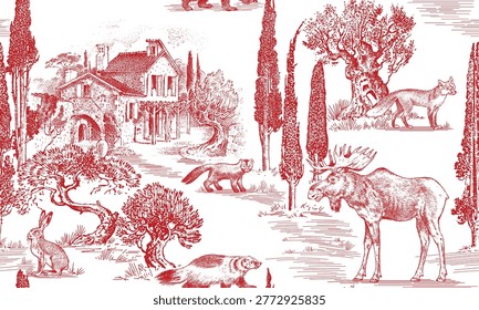 Toile de Jouy seamless pattern with forest animals and French villa. Rural feeling. Elk, moose and red fox with hare and sable.cypress tree and badger. perfect for textile , hand drawn luxury drawing
