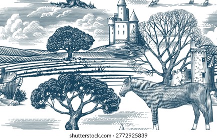 Toile de Jouy seamless pattern with a horse and Castles in ruins with old leafless oak tree. Rural medieval dark fantasy feeling. perfect for textile , hand drawn luxury drawing